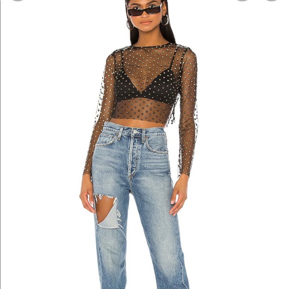 ✨H:ours Mesmerize Top Sheer Mesh Polka dot Black Gold Long Sleeve Blouse Revolve - Picture 4 of 6